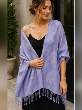 Vintage Lavender Floral Jacquard Fringe Pashmina Shawl Wrap Scarf